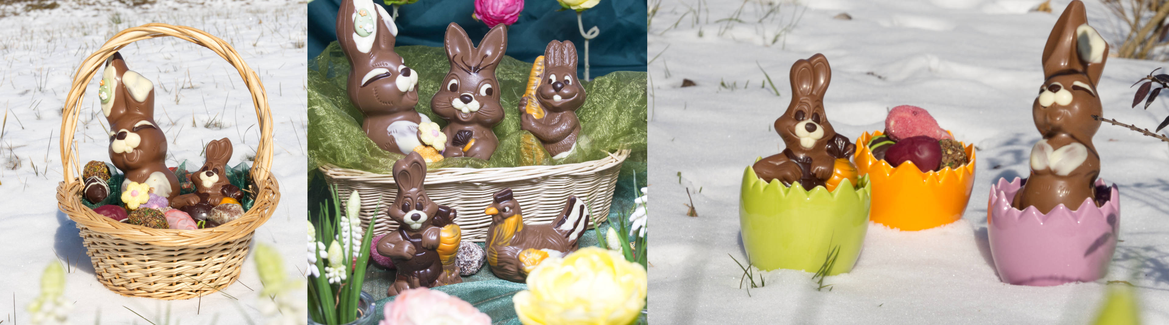 drei Keramikostereier im Schnee mit verschiedenen Produkten darinnen